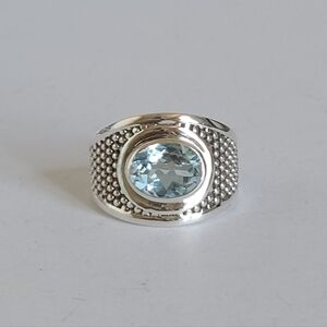 Chunky Boho Sterling Silver Pale Blue Topaz Crystal Gemstone Cigar Wide Ring